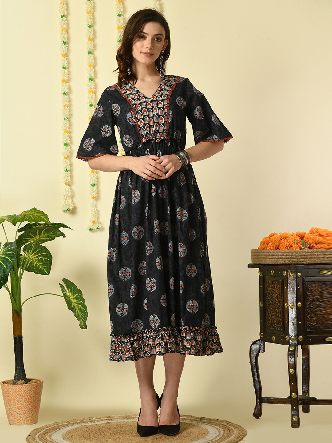 

Myshka Ethnic Motifs Printed Flared Sleeves Gathered Cotton Fit & Flare Ethnic Dress, Black