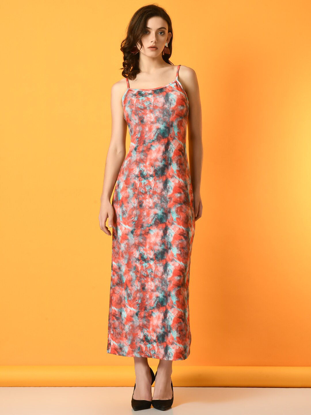 

Myshka Abstract Printed Shoulder Straps Sheath Dress, Orange