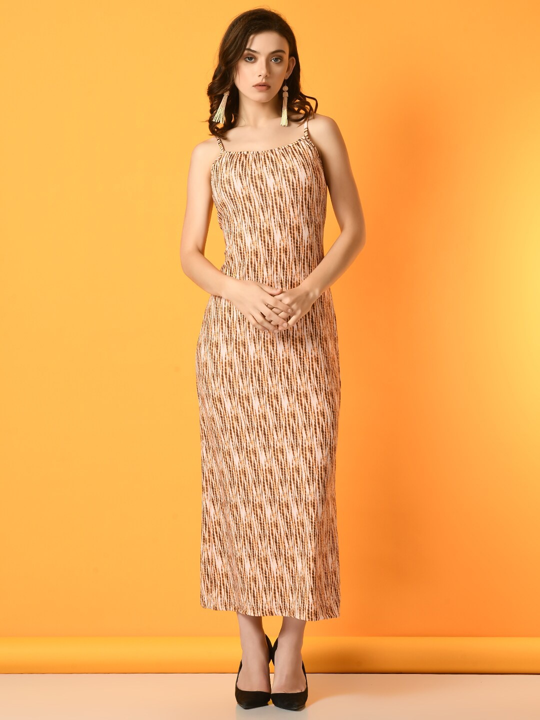 

Myshka Tie and Dye Printed Shoulder Straps Sheath Dress, Brown