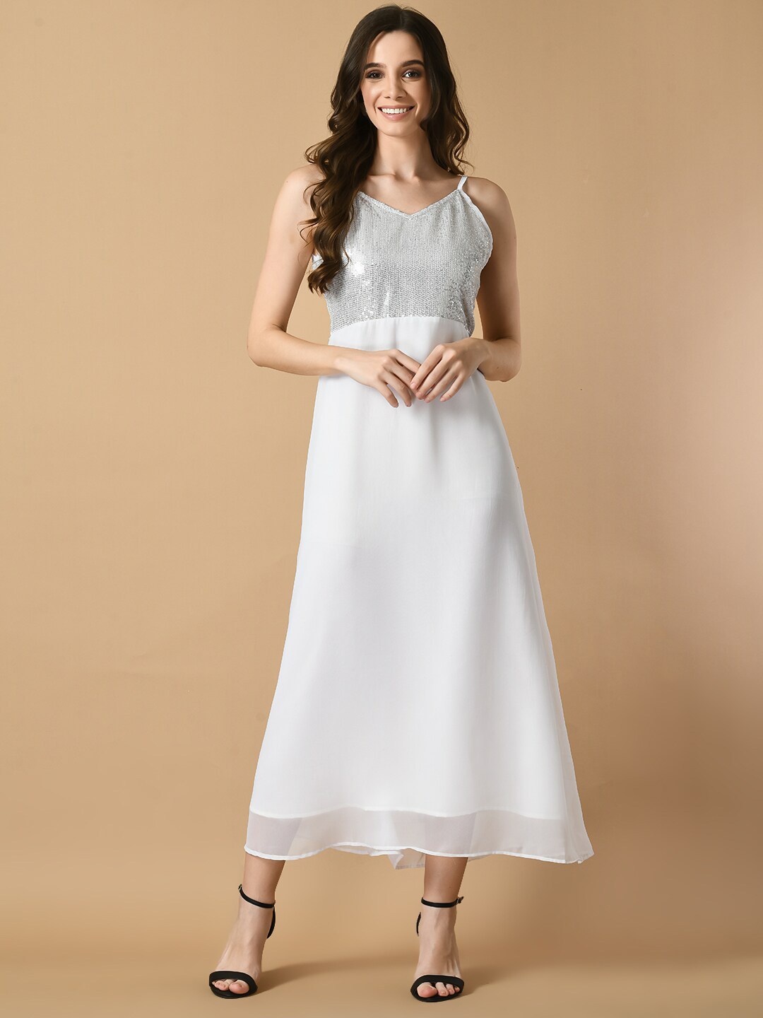 

Myshka Shoulder Straps Sequined A-Line Midi Dress, White