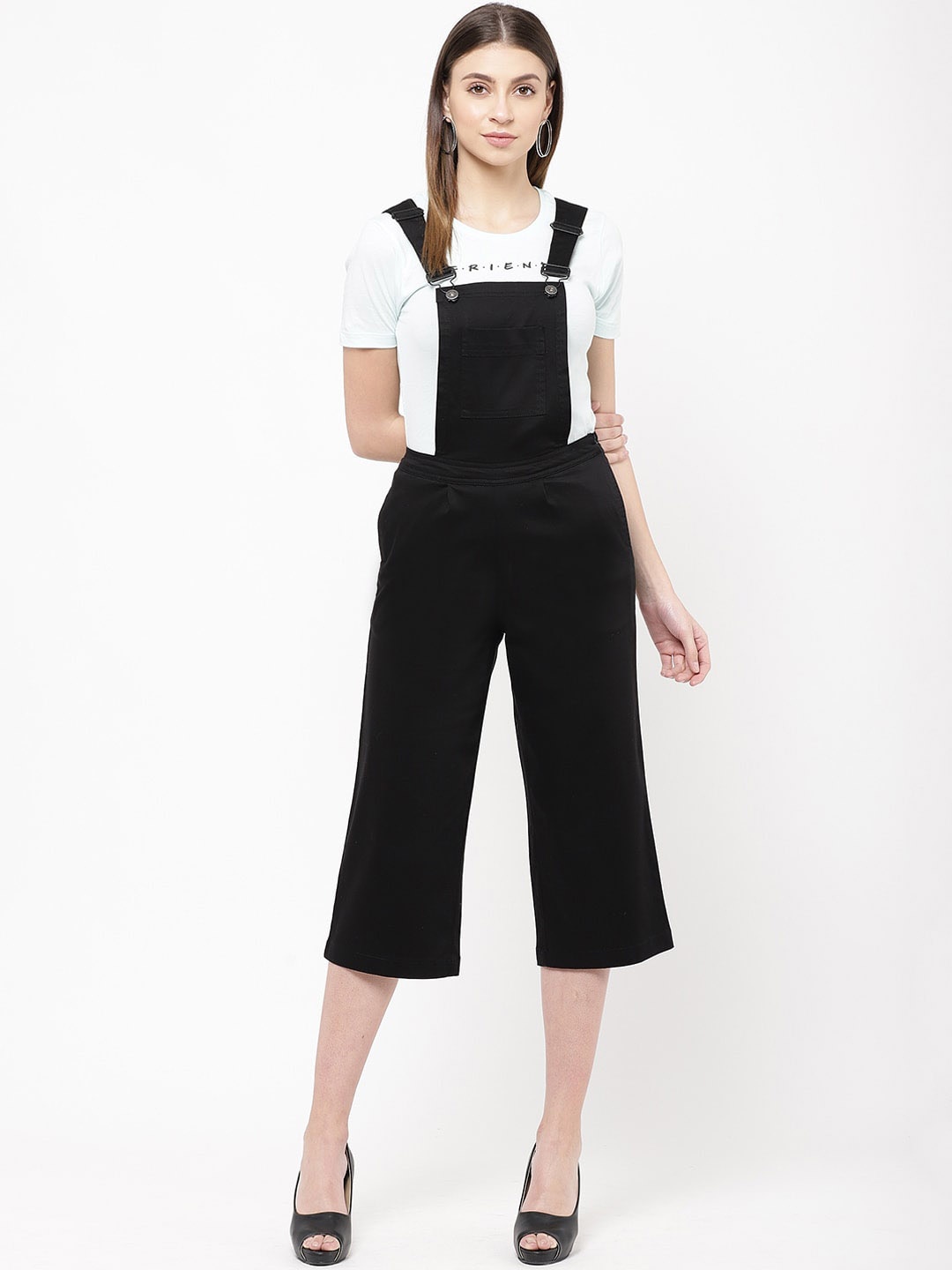 

urSense Straight Leg Three Fourth Length Cotton Satin Dungaree With T-Shirt, Black