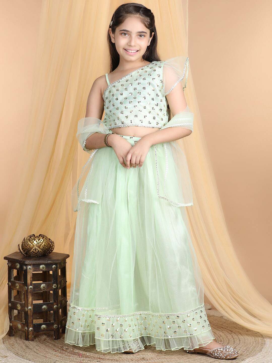 

Cutiekins Girls Embroidered Ready to Wear Lehenga & Blouse With Dupatta, Lime green