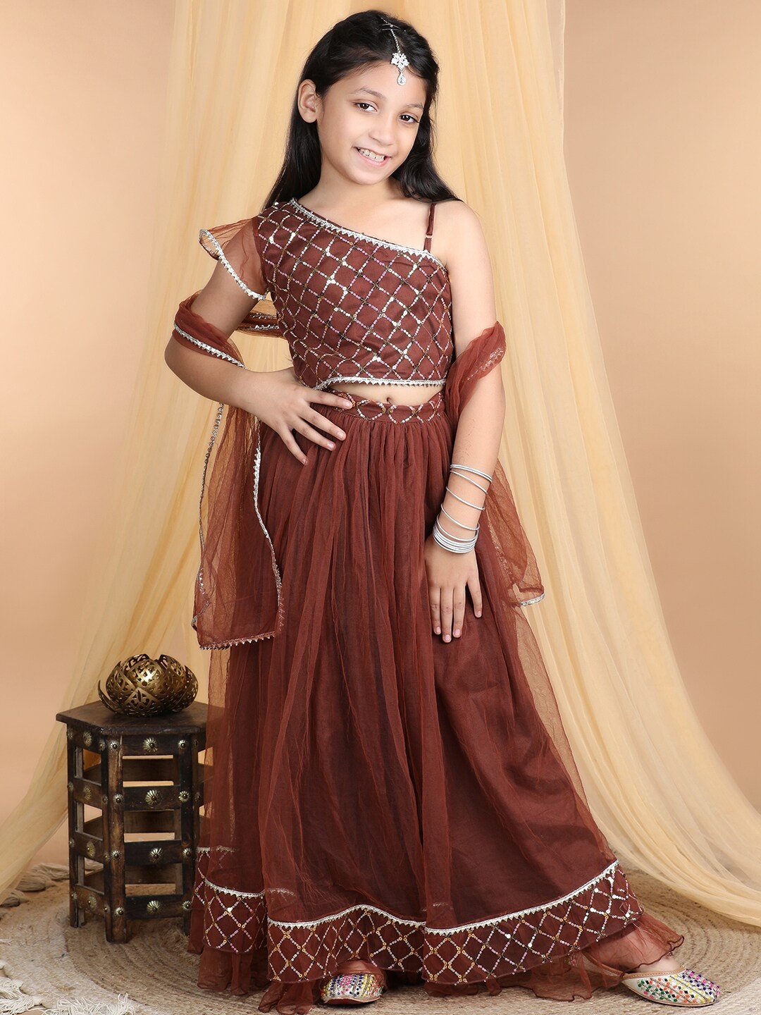 

Cutiekins Girls Embroidered Ready to Wear Lehenga & Blouse With Dupatta, Brown