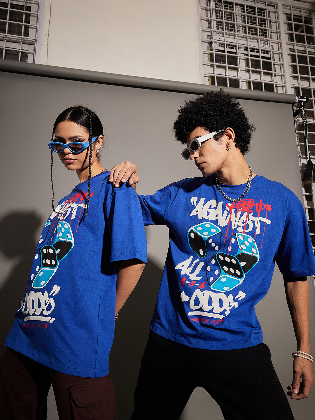 

MASCLN SASSAFRAS Unisex Navy Blue Against All Odds Printed Pure Cotton Oversized T-Shirt