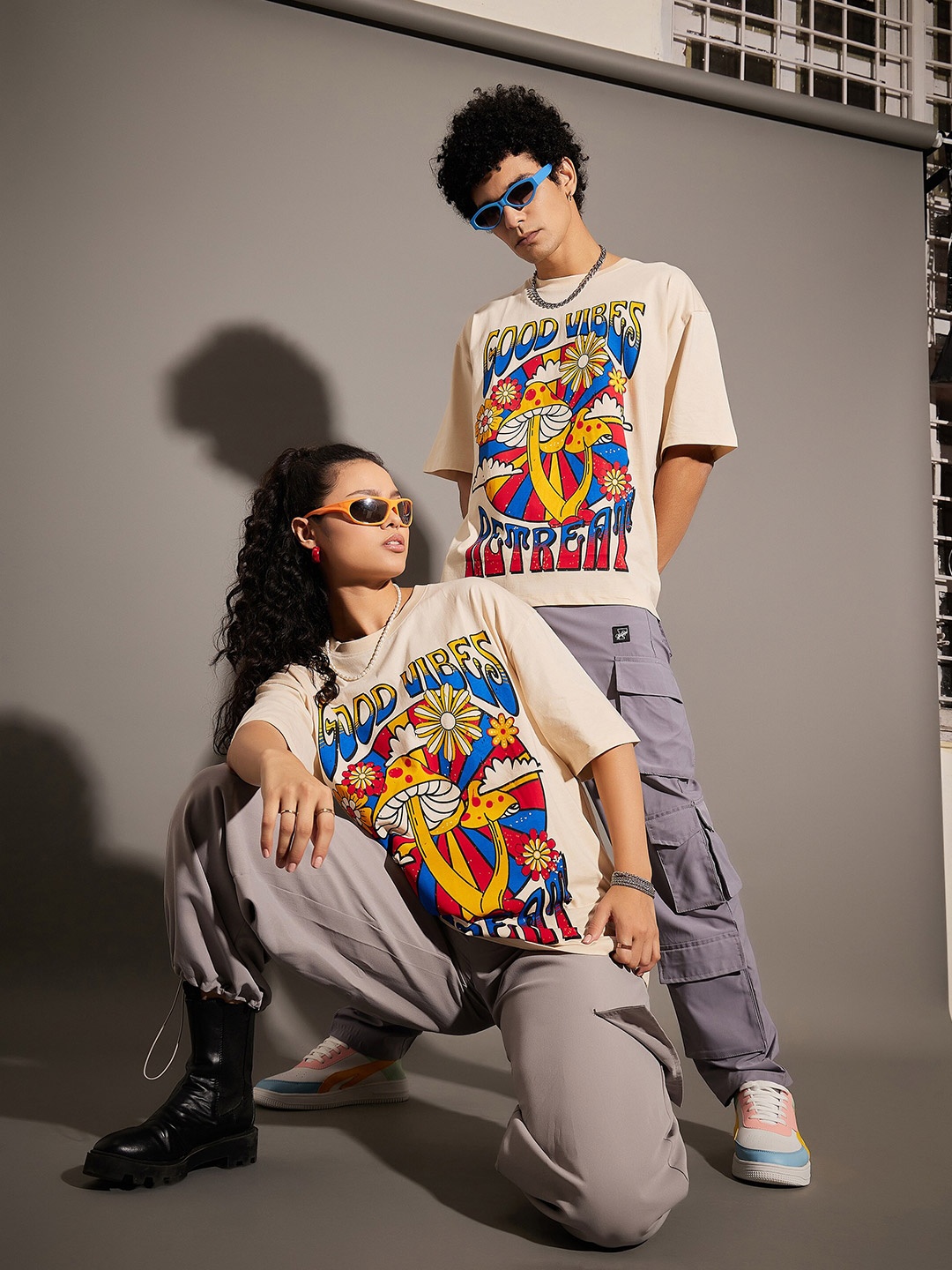 

MASCLN SASSAFRAS Unisex Beige Graphic Printed Pure Cotton Oversized T-shirt
