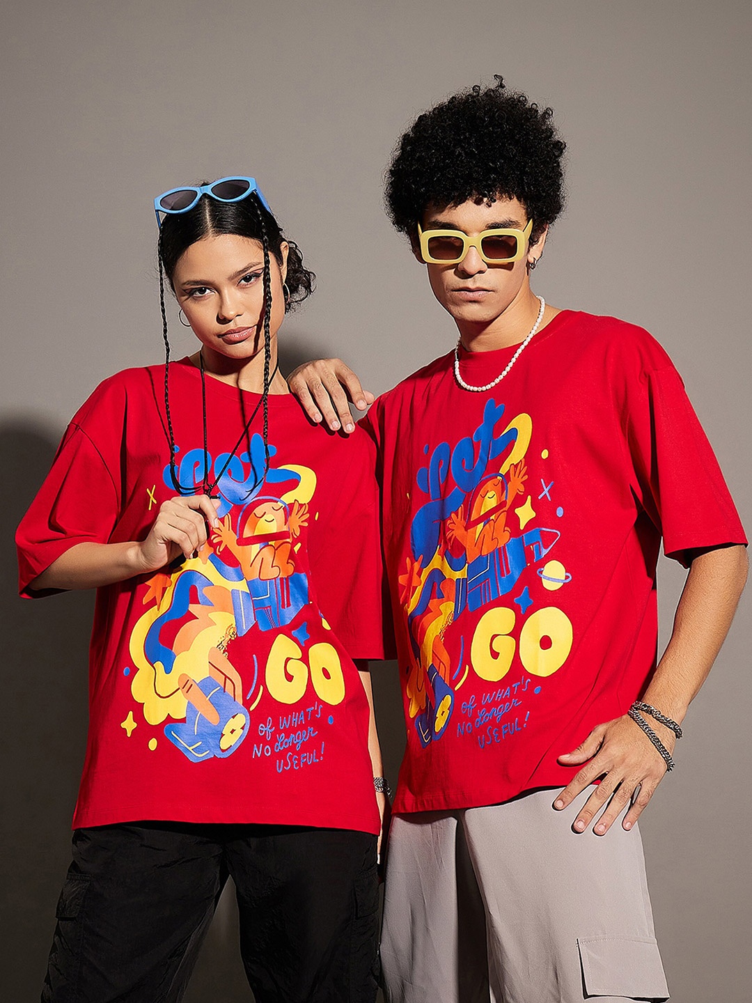 

MASCLN SASSAFRAS Unisex Red Let's Go Printed Pure Cotton Oversized T-shirt