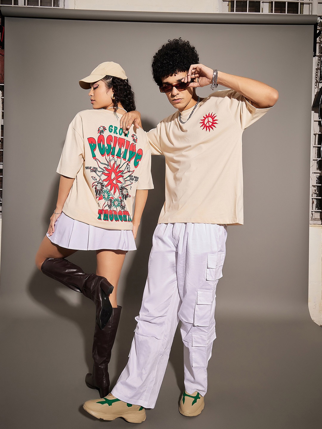 

MASCLN SASSAFRAS Unisex Typography Printed Pure Cotton Oversized T-shirt, Beige