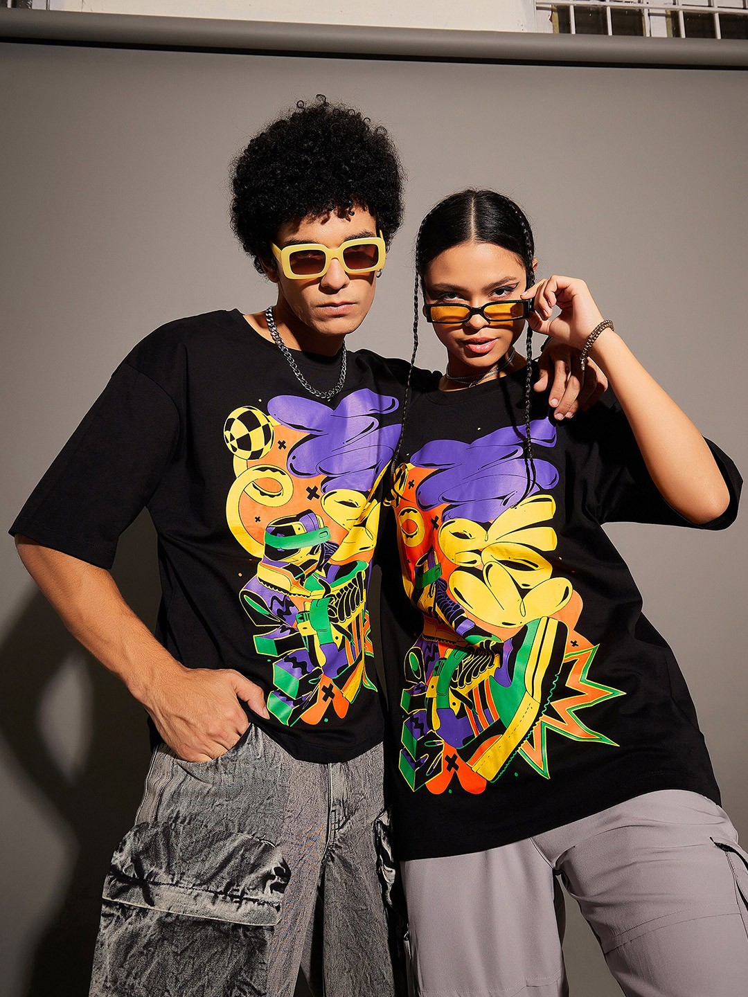 

MASCLN SASSAFRAS Unisex Black Graphic Printed Pure Cotton Oversized T-shirt