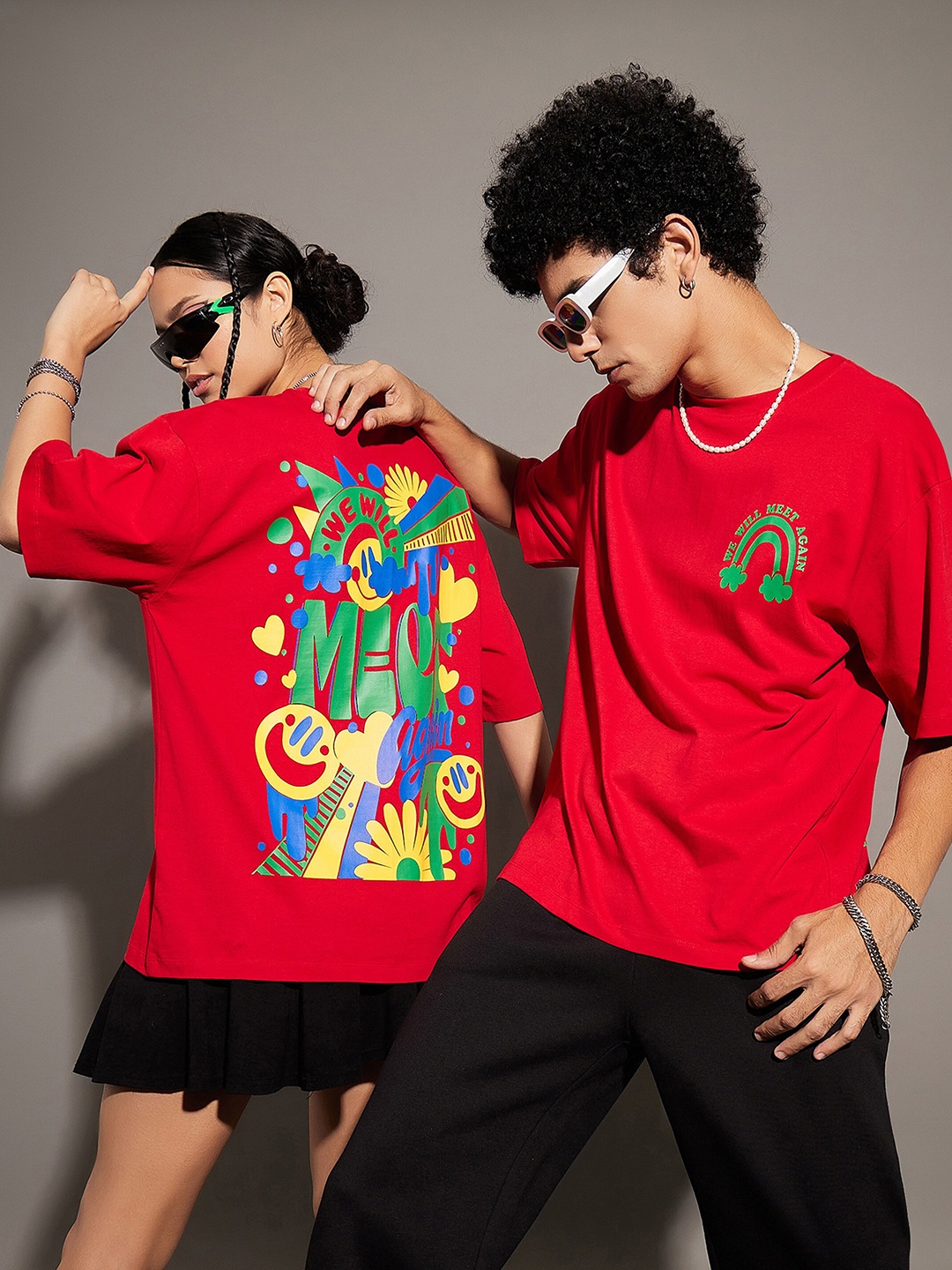 

MASCLN SASSAFRAS Unisex Red Graphic Printed Pure Cotton Oversized T-shirt