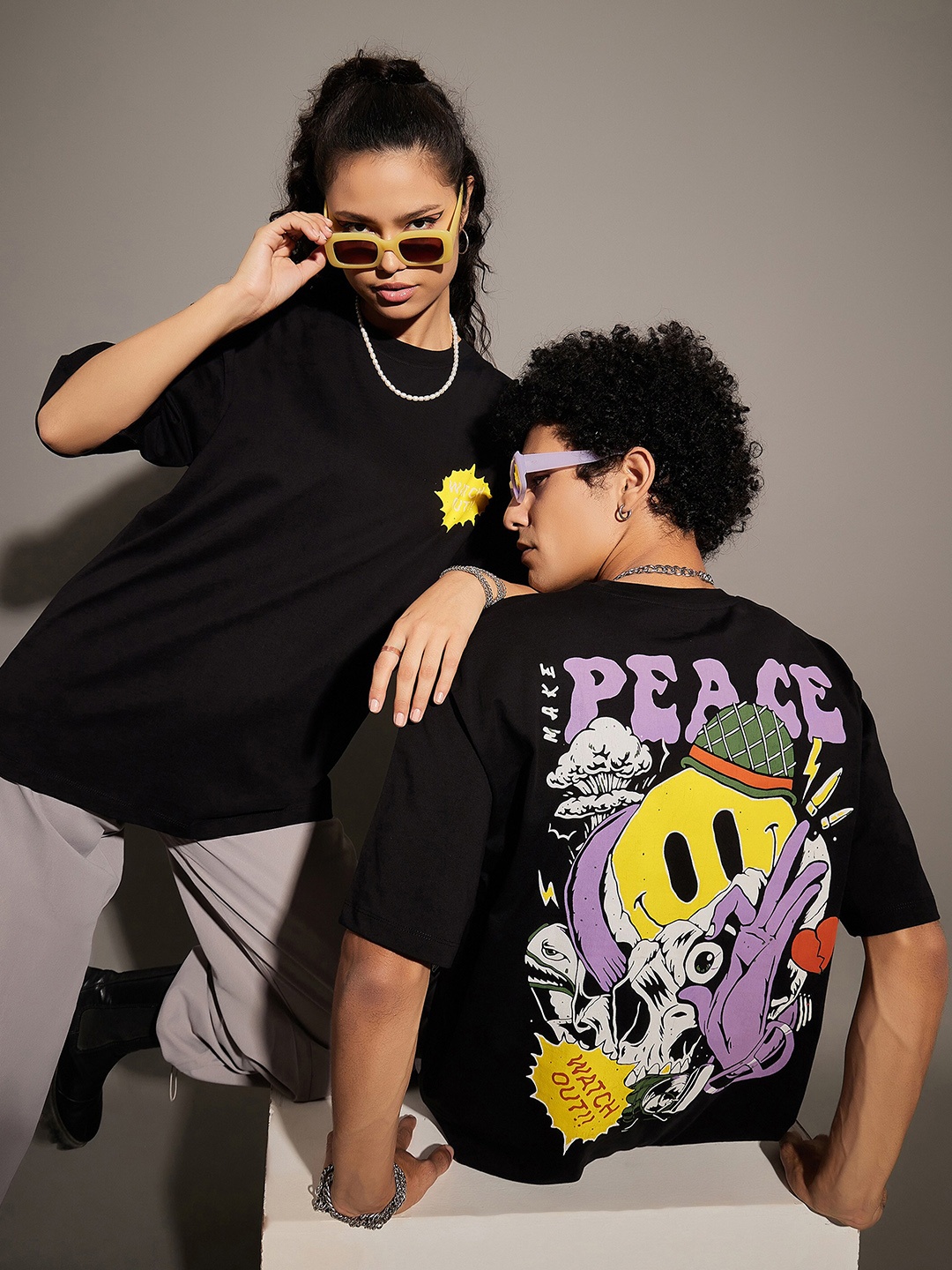 

MASCLN SASSAFRAS Unisex Black Graphic Printed Pure Cotton Oversized T-shirt