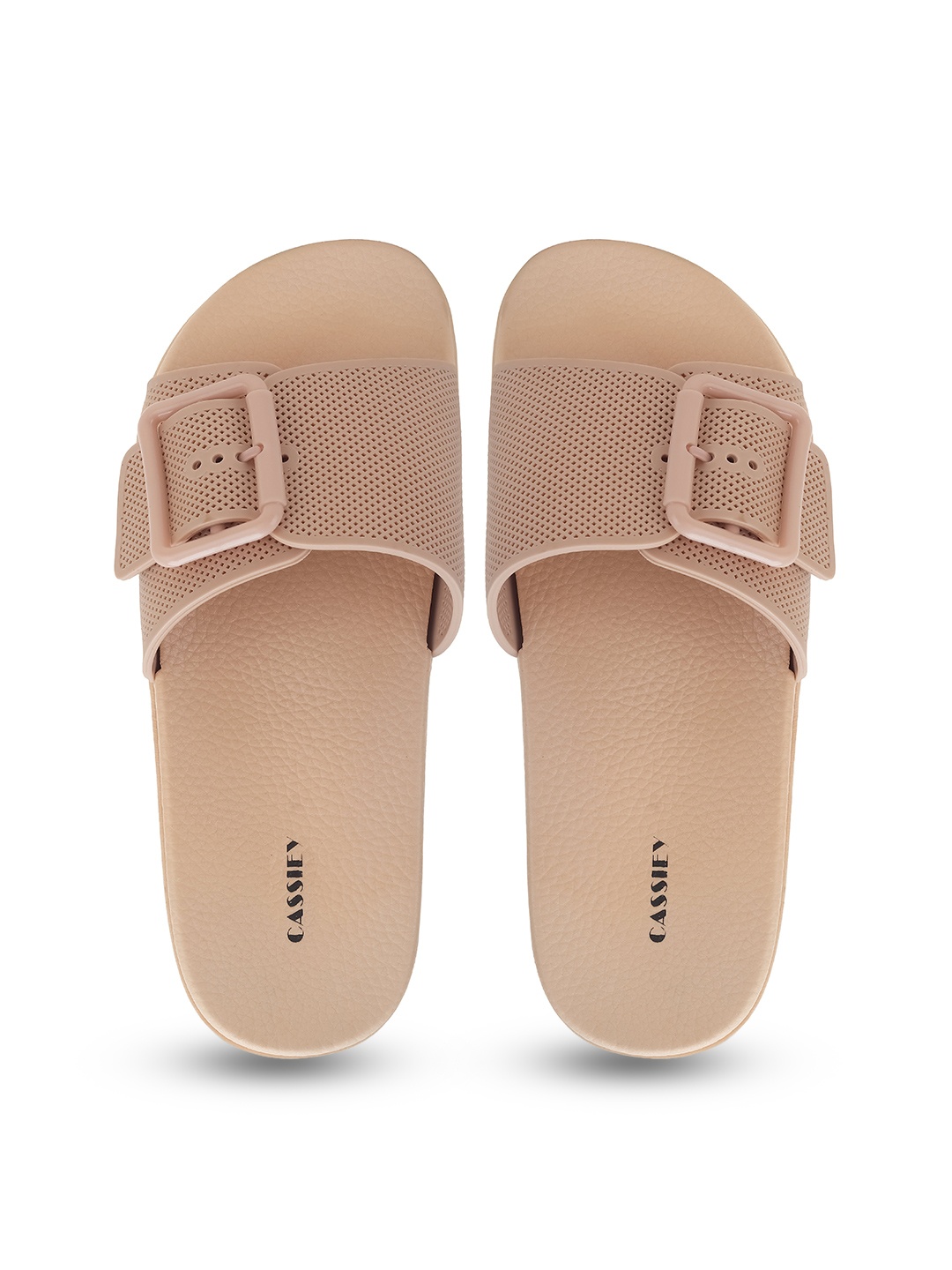 

CASSIEY Women Textured Rubber Sliders With Buckle, Peach