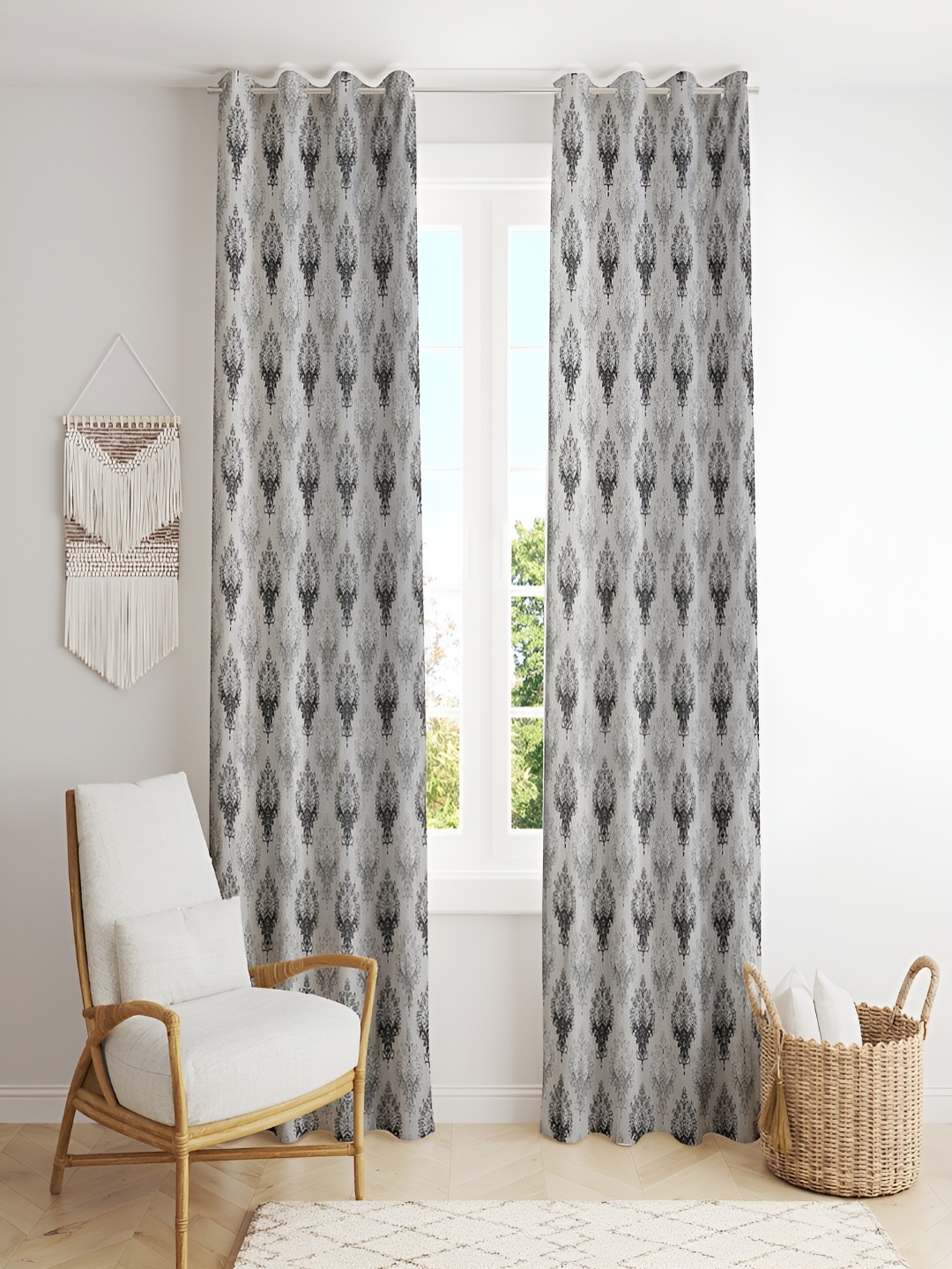 

ERIC LONDON Grey & Black 2 Pieces Ethnic Motifs Printed Room Darkening Long Door Curtains