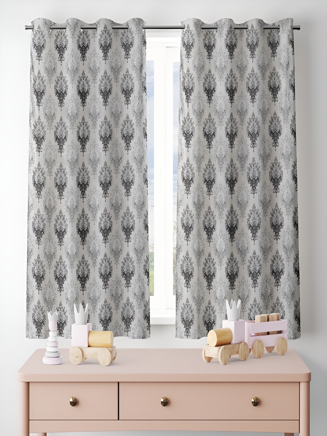 

ERIC LONDON Grey & Black 2 Pieces Ethnic Motifs Printed Room Darkening Window Curtains