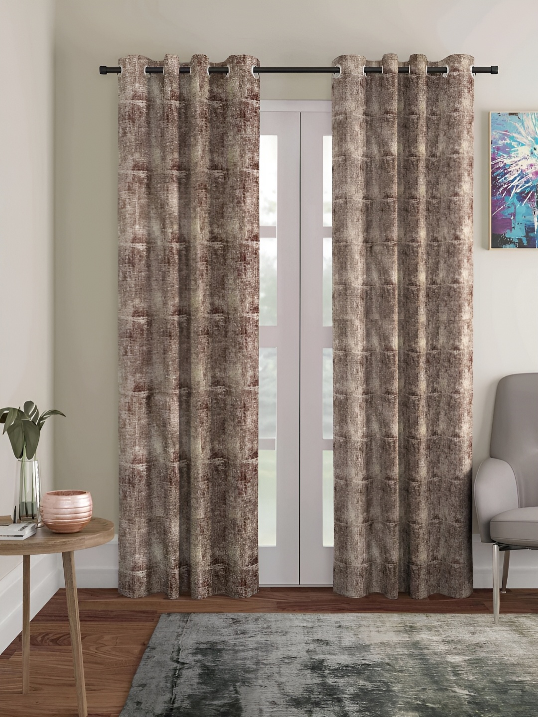 

ERIC LONDON Brown & Beige 2 Pieces Abstract Printed Room Darkening Long Door Curtains