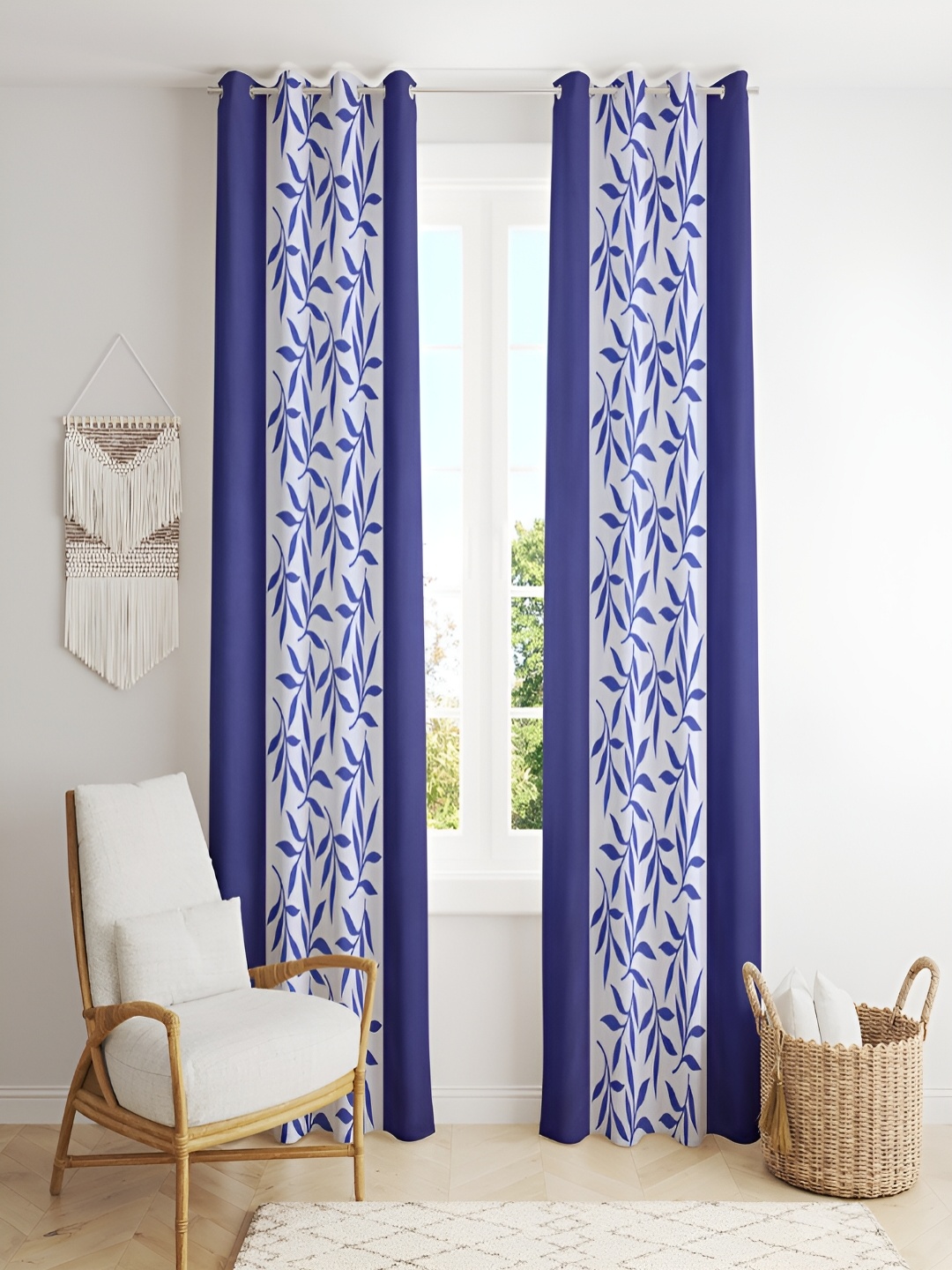 

ERIC LONDON Blue & White 2 Pieces Floral Printed Room Darkening Long Door Curtains