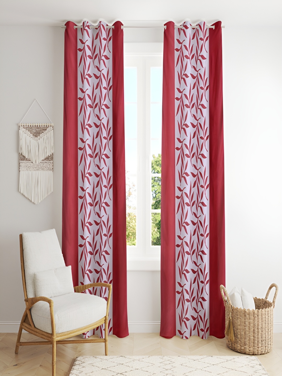 

ERIC LONDON Red & White 2 Pieces Floral Printed Room Darkening Door Curtains