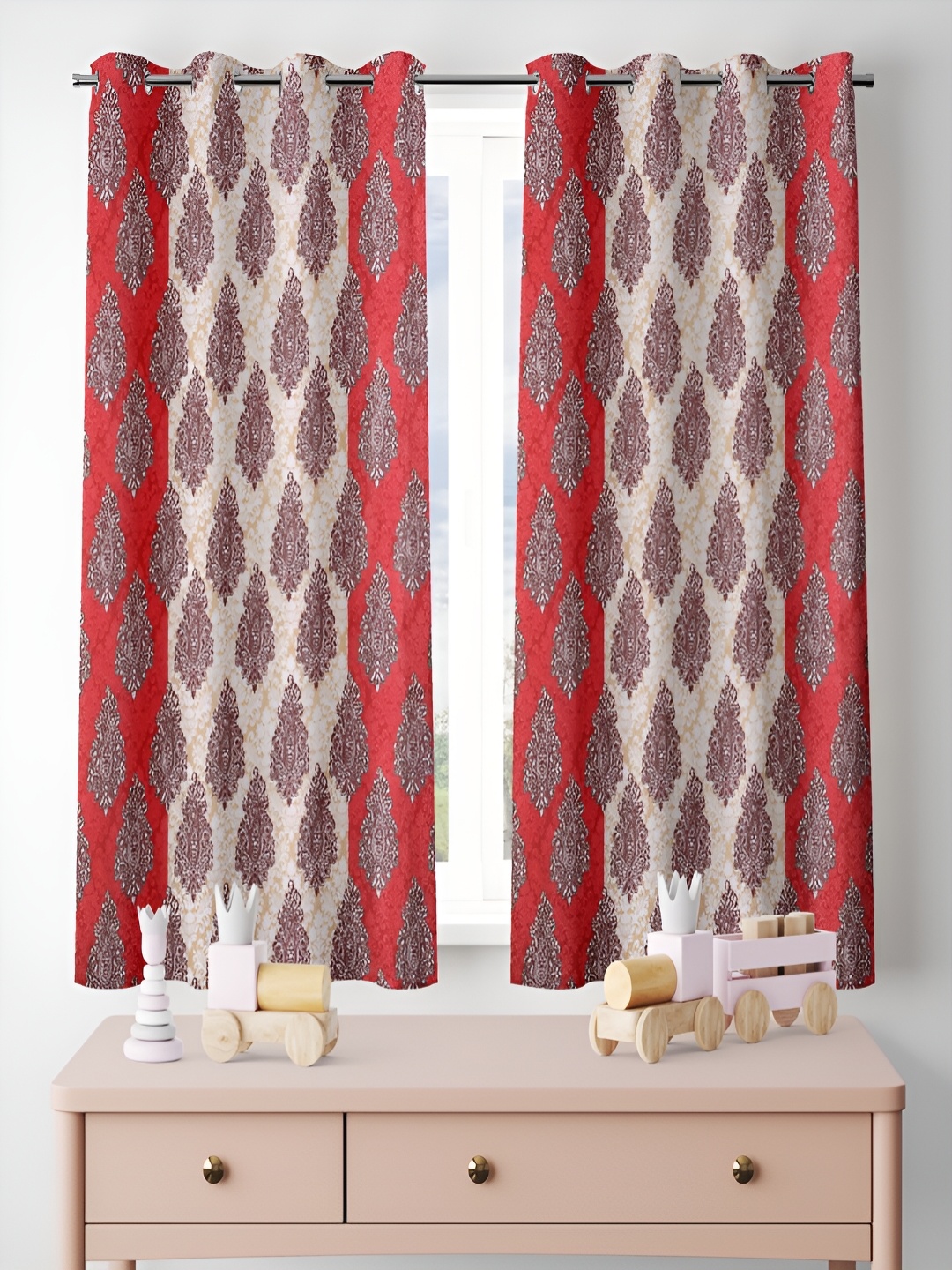 

ERIC LONDON Red & Beige 2 Pieces Ethnic Motifs Printed Room Darkening Window Curtains