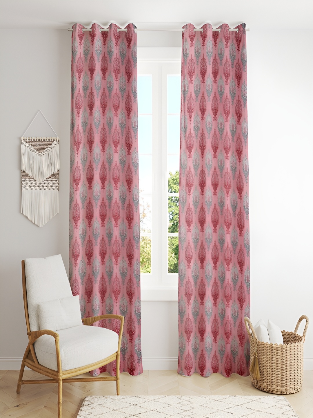 

ERIC LONDON Pink & Grey 2 Pieces Ethnic Motifs Printed Room Darkening Long Door Curtains