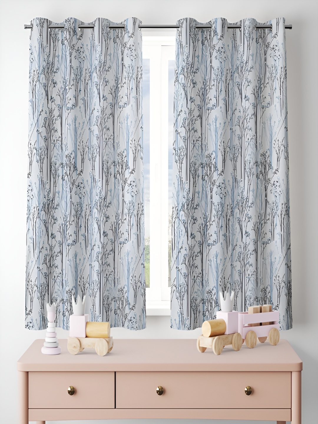 

ERIC LONDON Blue & Black 2 Pieces Floral Printed Room Darkening Window Curtains