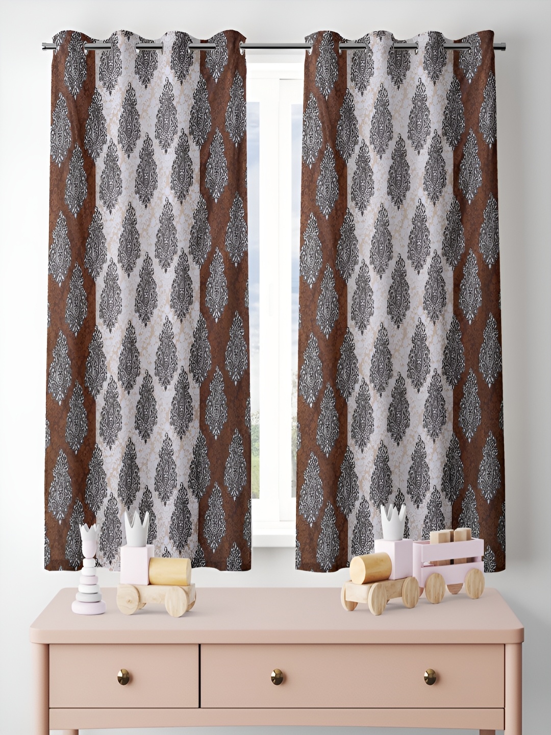 

ERIC LONDON Brown & Beige 2 Pieces Ethnic Motifs Printed Room Darkening Window Curtains