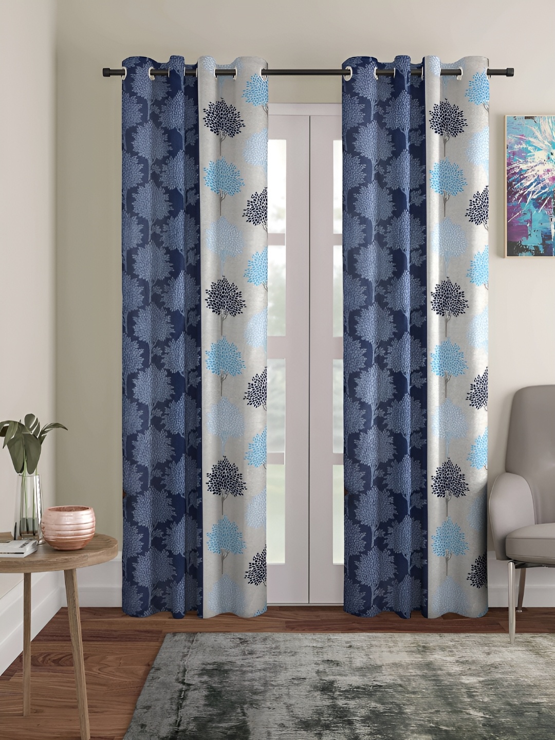 

ERIC LONDON Navy Blue & Grey 2 Pieces Ethnic Motifs Printed Room Darkening Door Curtains