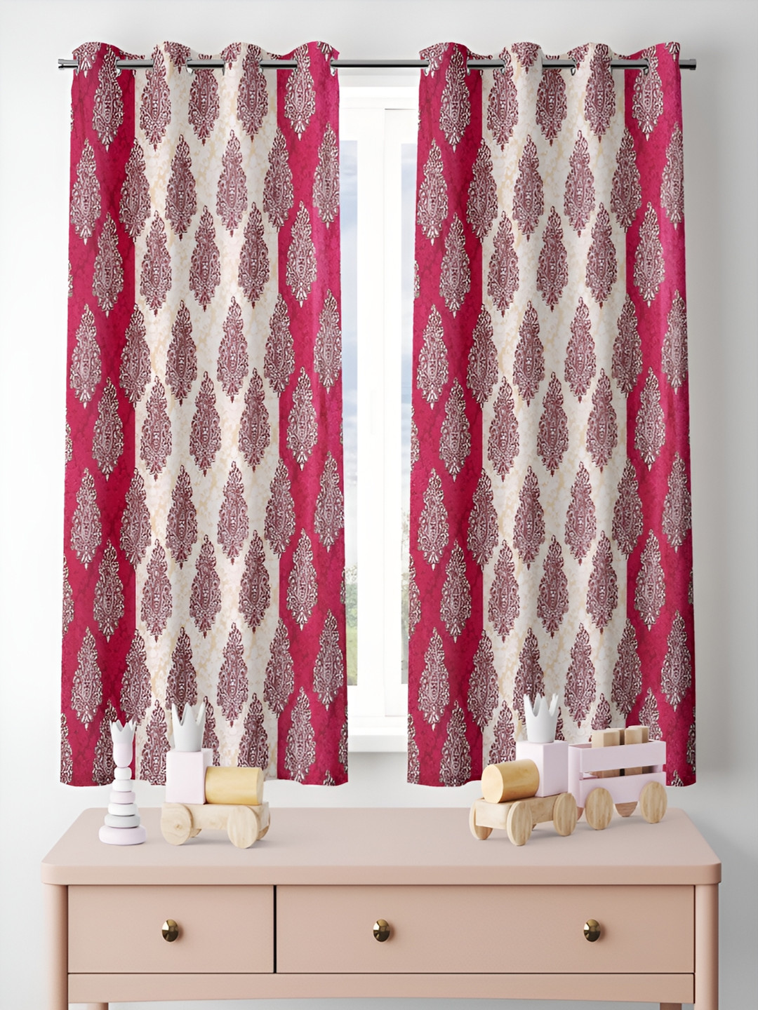 

ERIC LONDON Red & Beige 2 Pieces Ethnic Motifs Printed Room Darkening Window Curtains