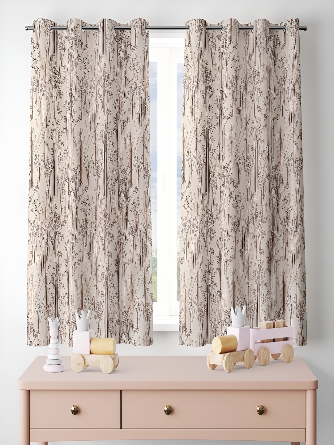 

ERIC LONDON Beige & Brown 2 Pieces Floral Printed Room Darkening Window Curtains