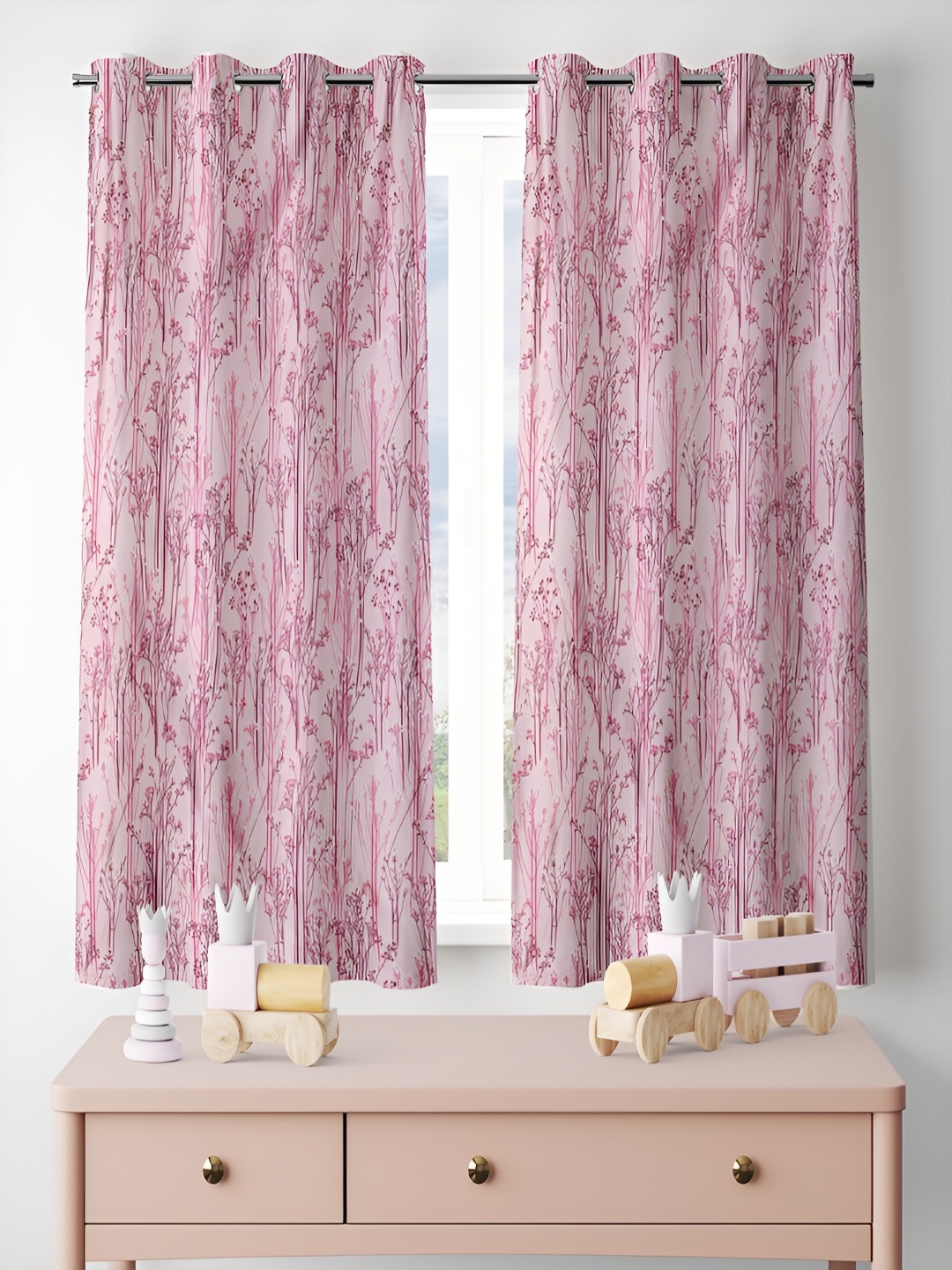 

ERIC LONDON Pink & White 2 Pieces Floral Printed Room Darkening Window Curtains