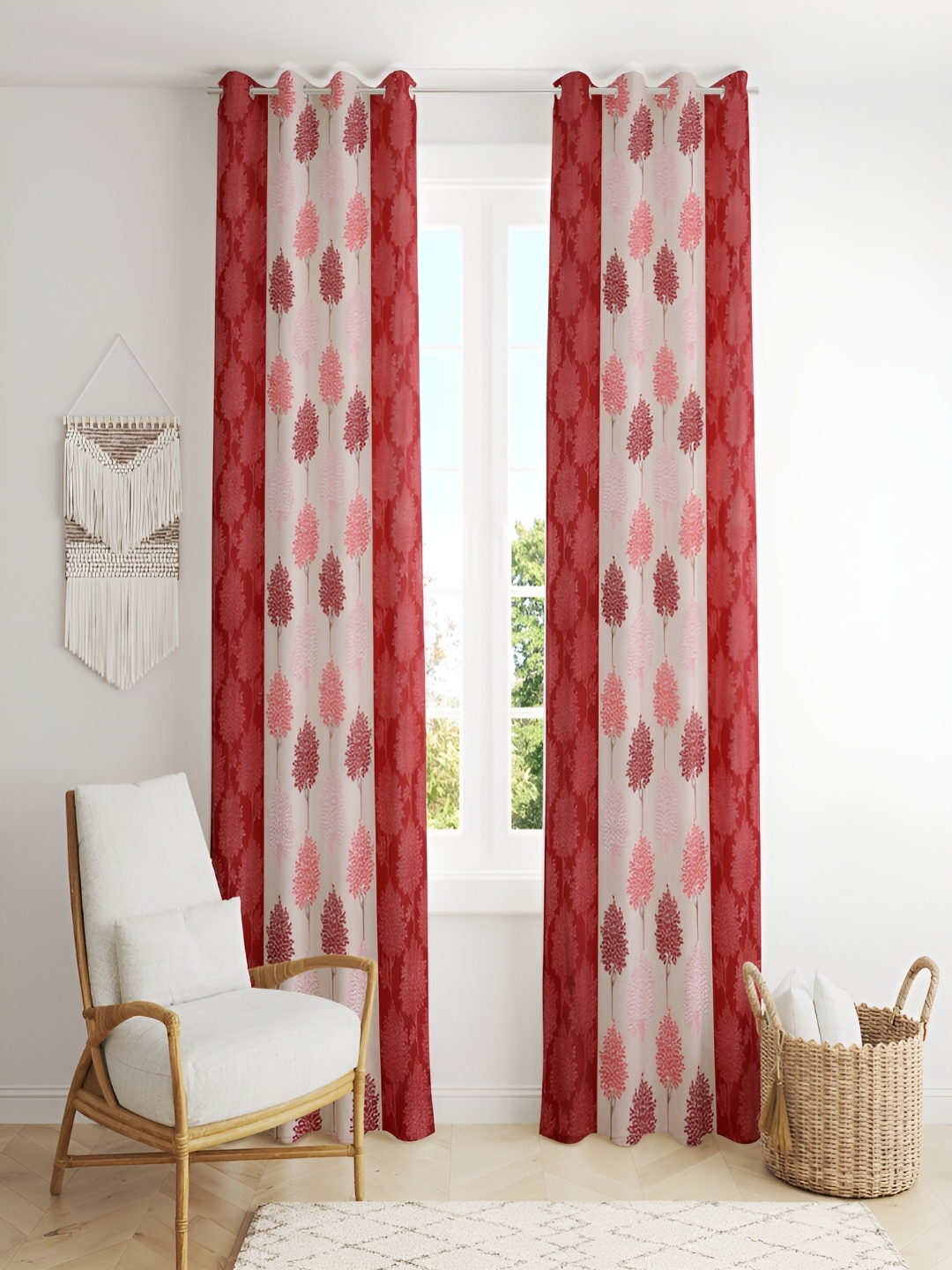 

ERIC LONDON Red & Beige 2 Pieces Floral Printed Room Darkening Door Curtains