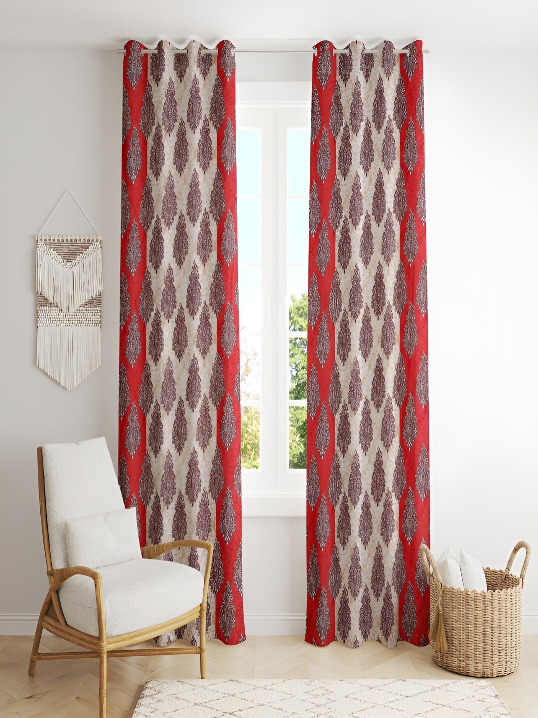 

ERIC LONDON Red & Beige 2 Pieces Room Darkening Long Door Curtains