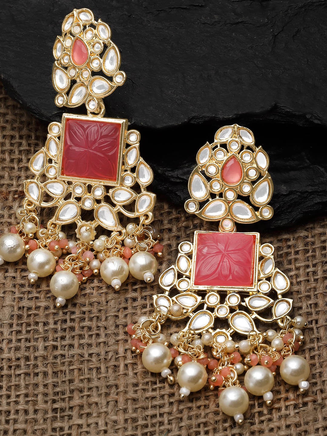 

KARATCART Gold-Plated Kundan Stoned Drop Earrings, Pink