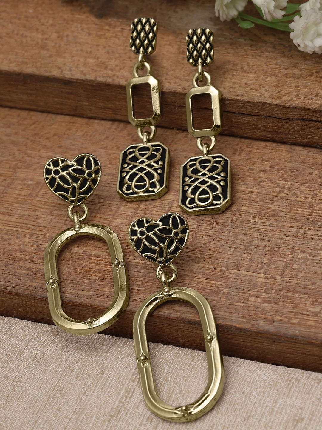 

KARATCART Set Of 2 Gold Plated Geometric Drop Earrings