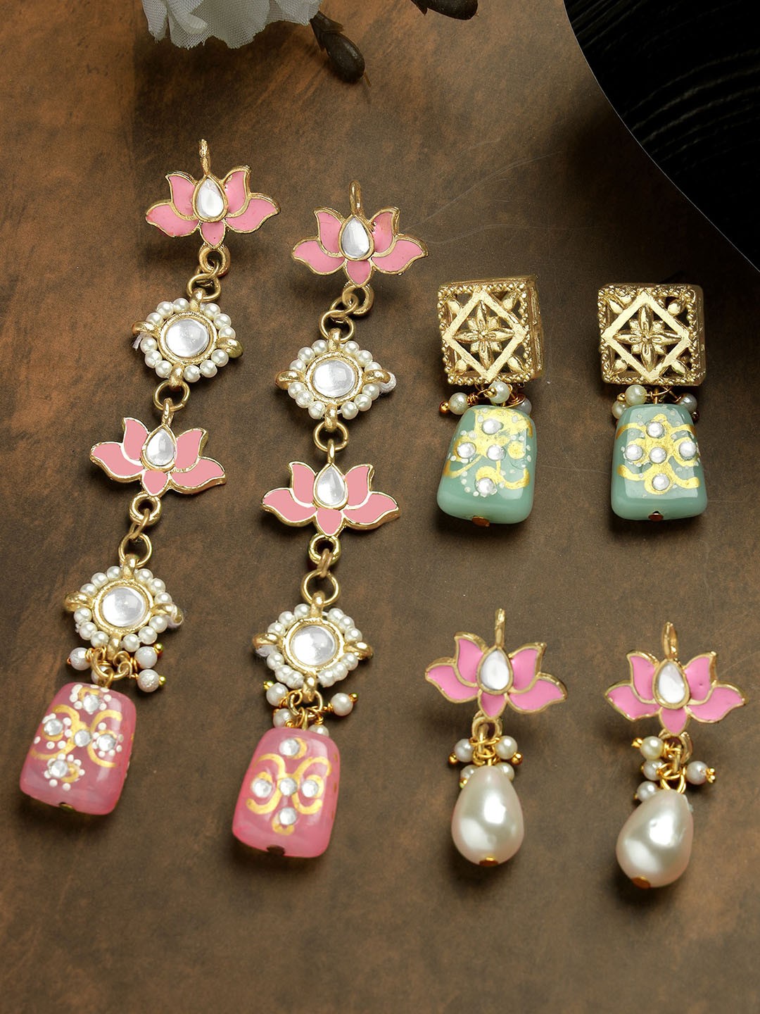 

KARATCART Set of 3 Gold Plated Drop Earrings, Pink