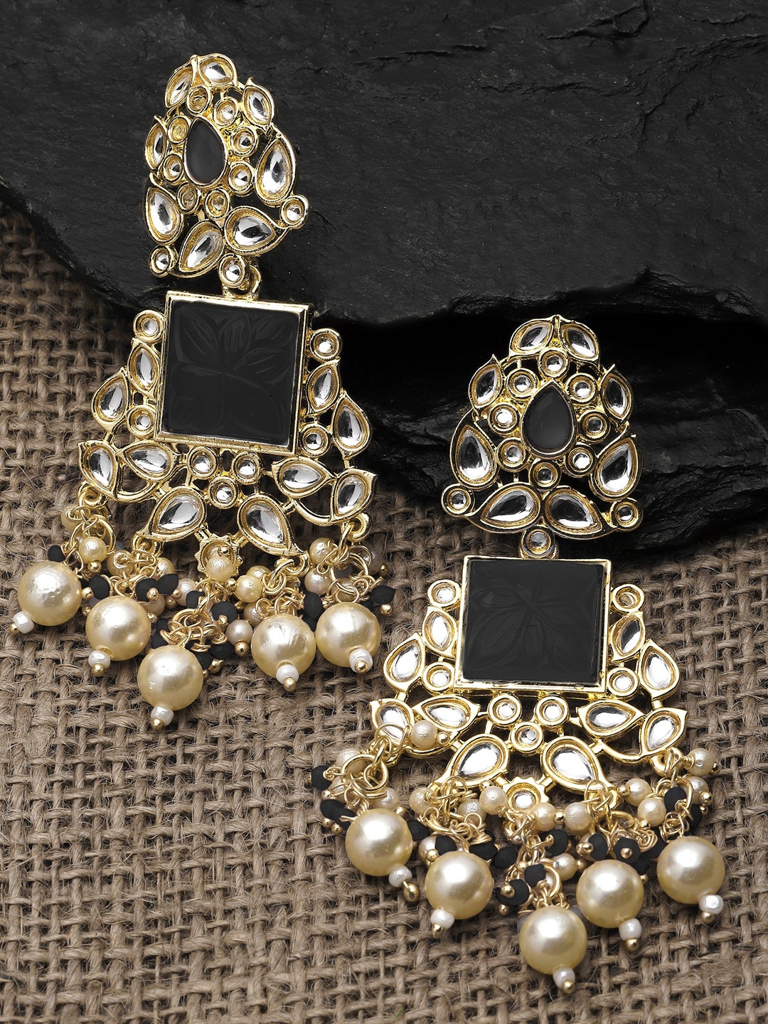 

KARATCART Gold-Plated Geometric Kundan Studded Drop Earrings