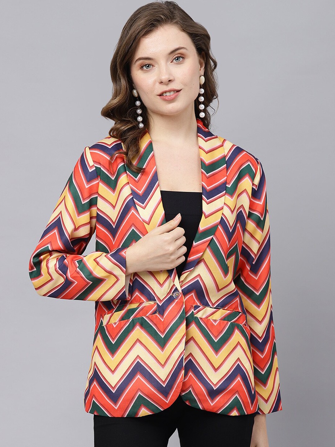 

DEEBACO Zig-Zag Print Linen Shawl Collar Single-Breasted Blazer With Two Pockets, Orange