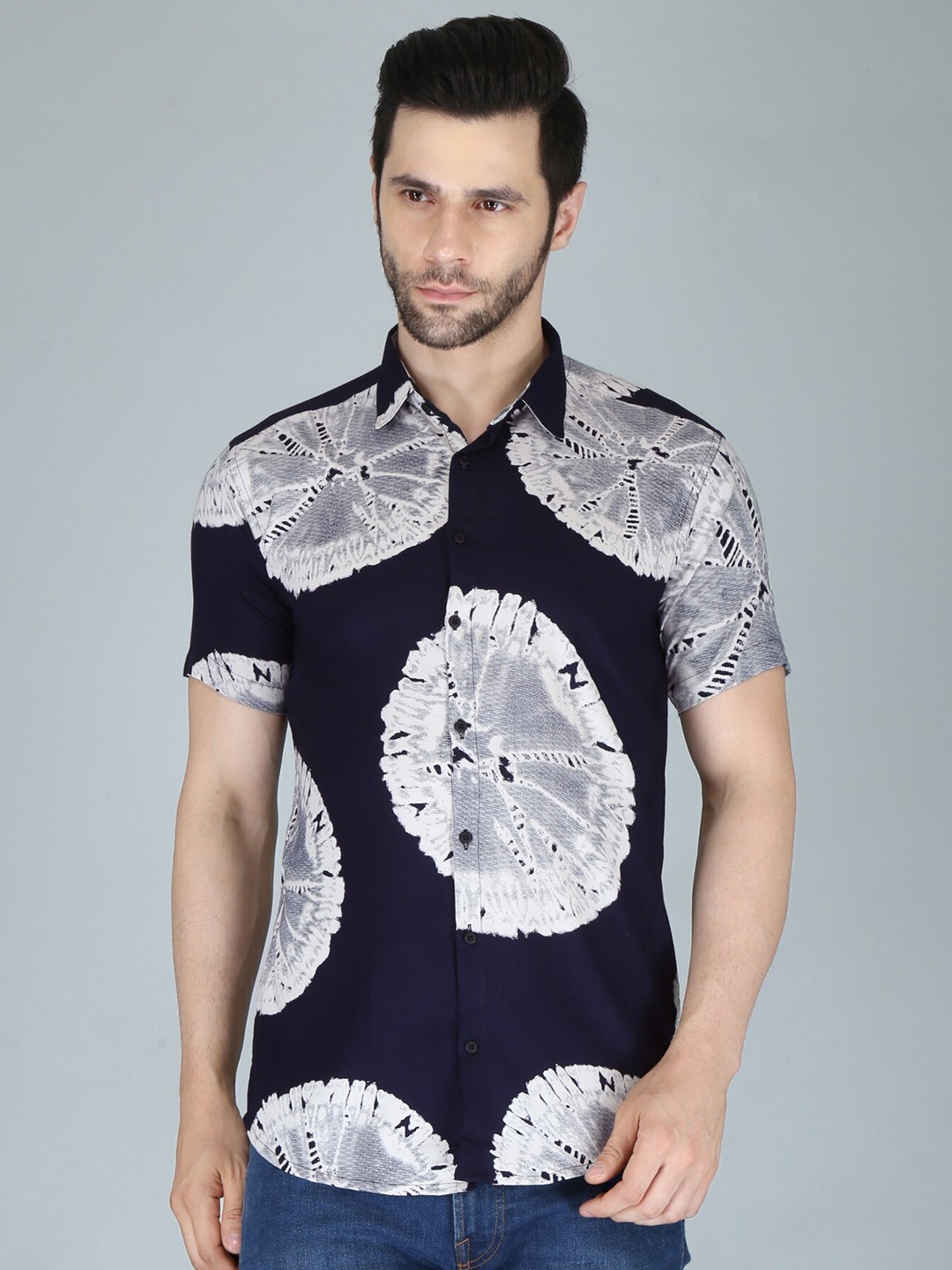

BASE 41 Slim Fit Floral Printed Spread Collar Casual Shirt, Navy blue