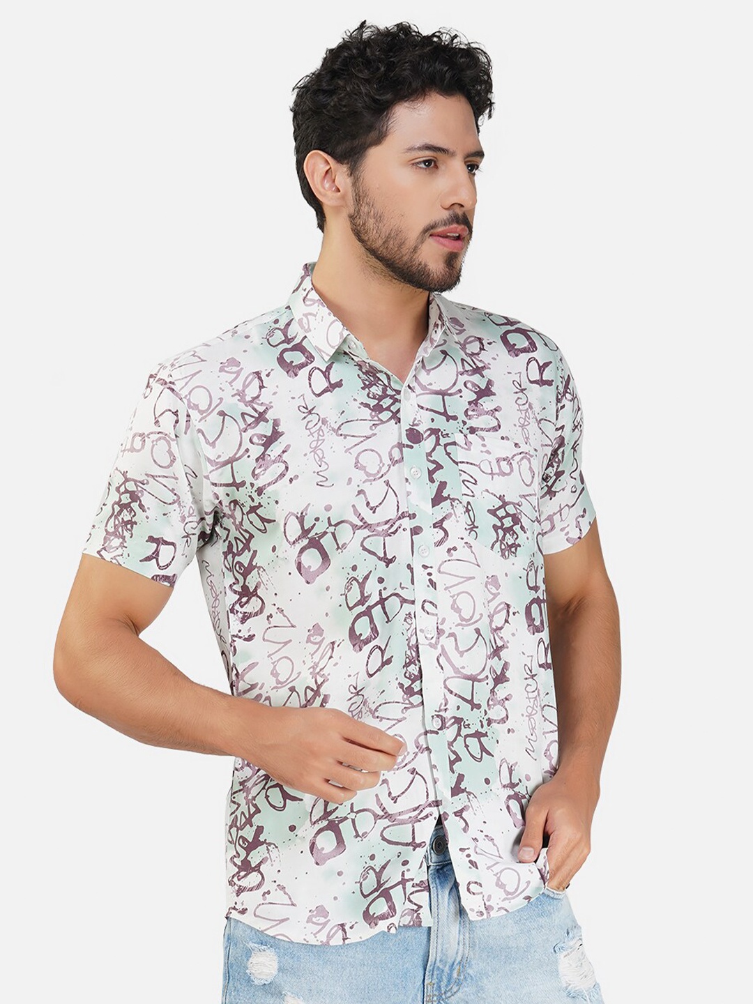 

BASE 41 Slim Fit Abstract Printed Short Sleeves Casual Shirt, Purple