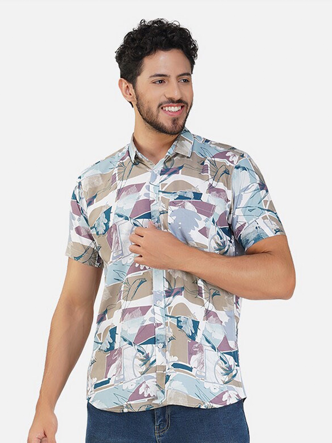 

BASE 41 Slim Fit Abstract Printed Short Sleeves Casual Shirt, Beige