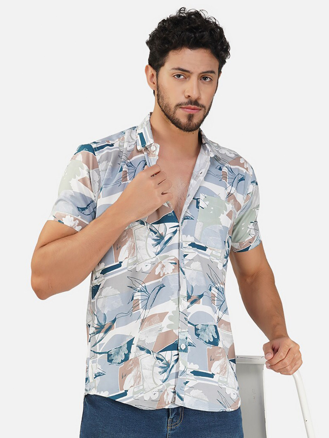 

BASE 41 Slim Fit Abstract Printed Spread Collar Casual Shirt, Blue
