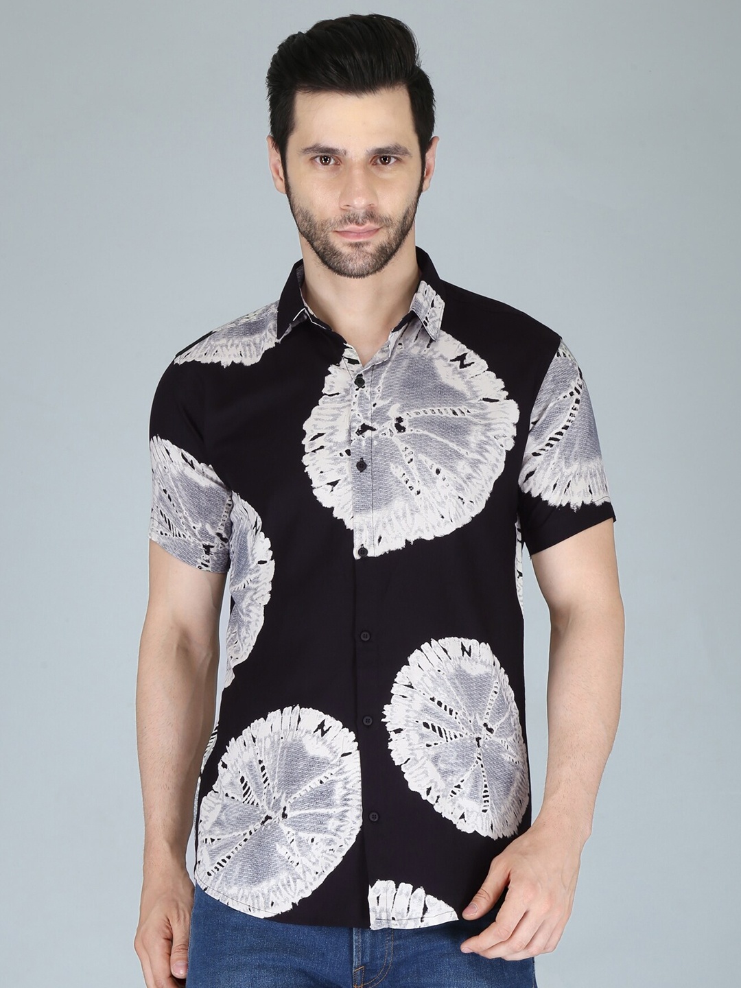 

BASE 41 Slim Fit Floral Printed Spread Collar Casual Shirt, Black