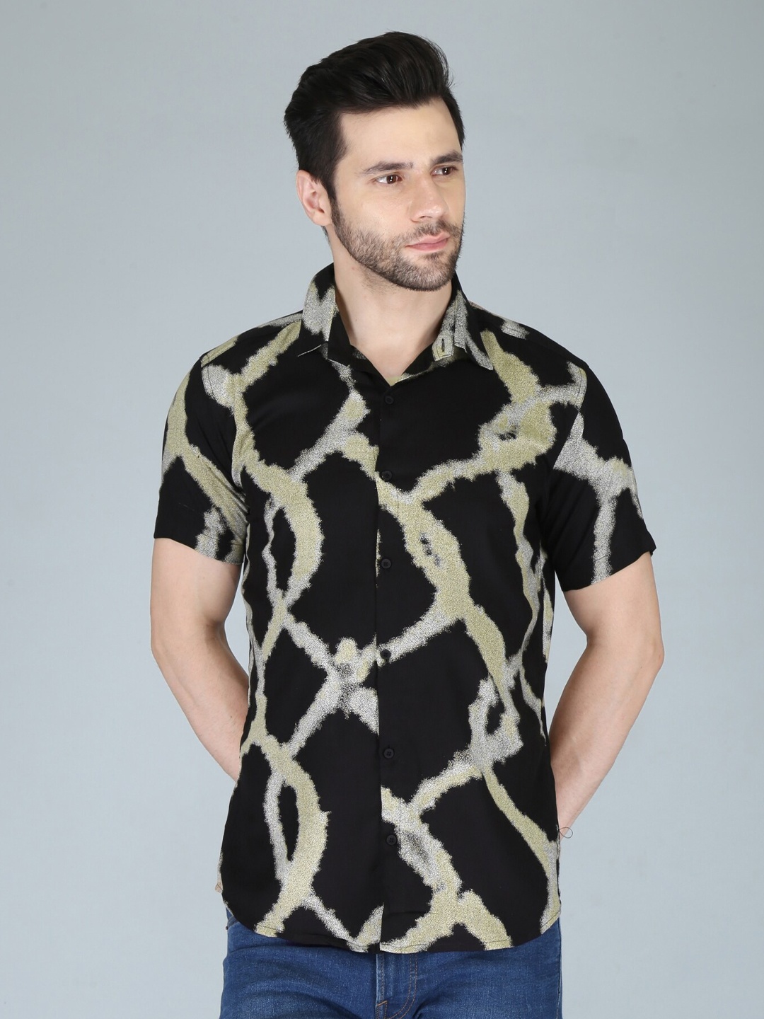 

BASE 41 Slim Fit Abstract Printed Spread Collar Casual Shirt, Black