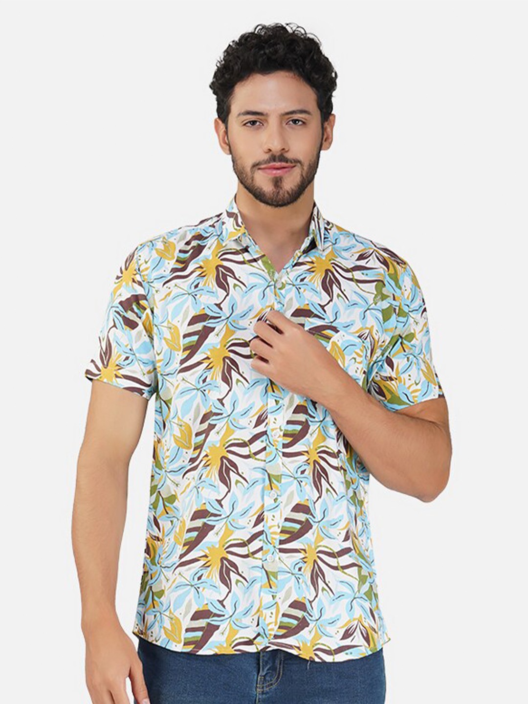 

BASE 41 Slim Fit Floral Printed Spread Collar Casual Shirt, White