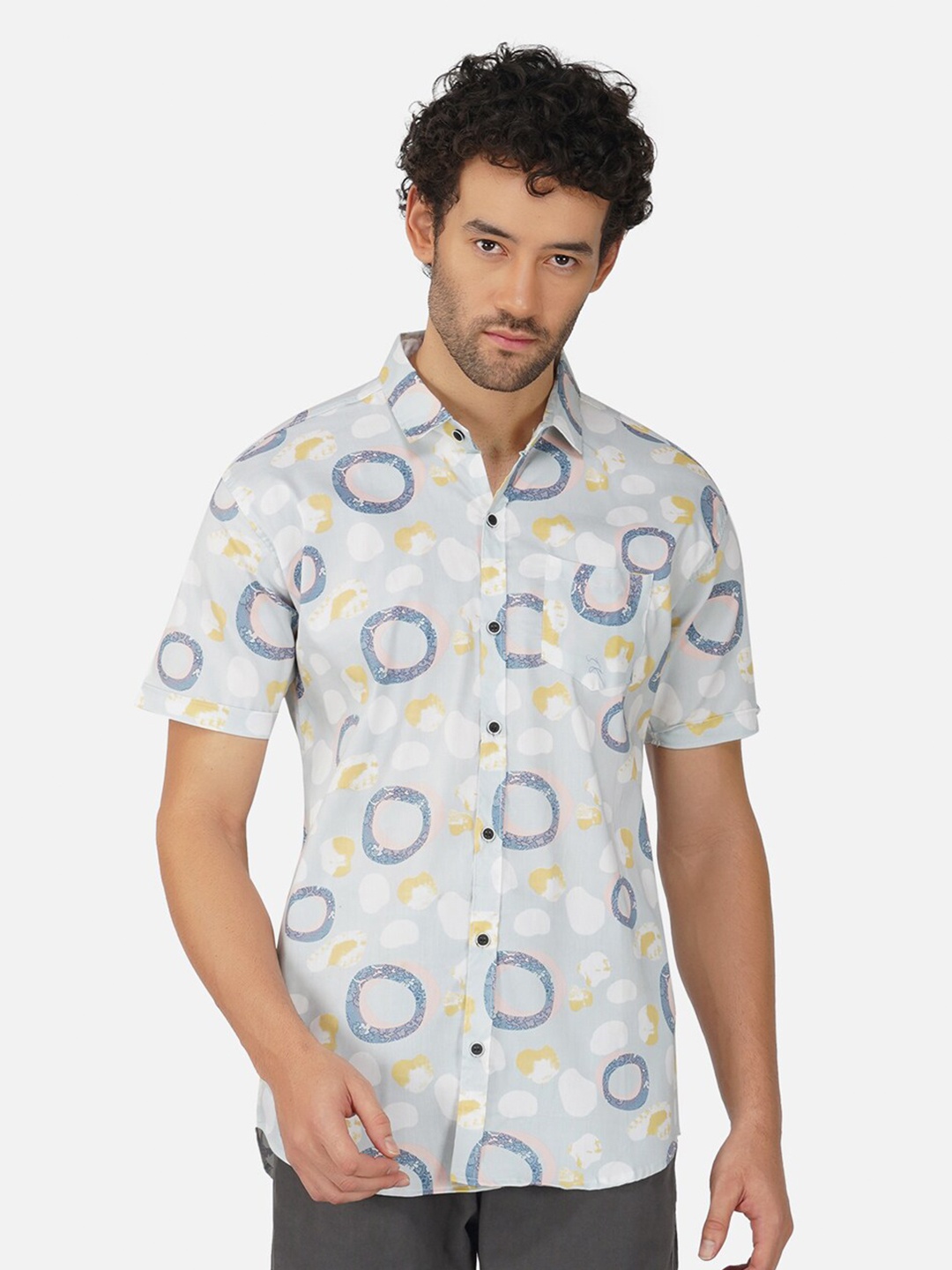 

BASE 41 Slim Fit Abstract Printed Short Sleeves Casual Shirt, Grey