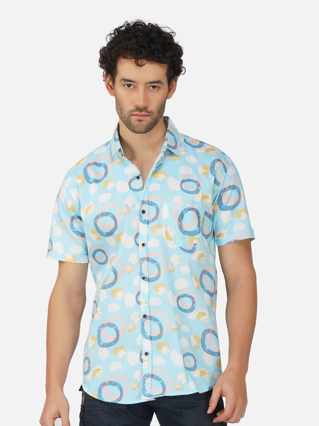 

BASE 41 Slim Fit Abstract Printed Short Sleeves Casual Shirt, Blue