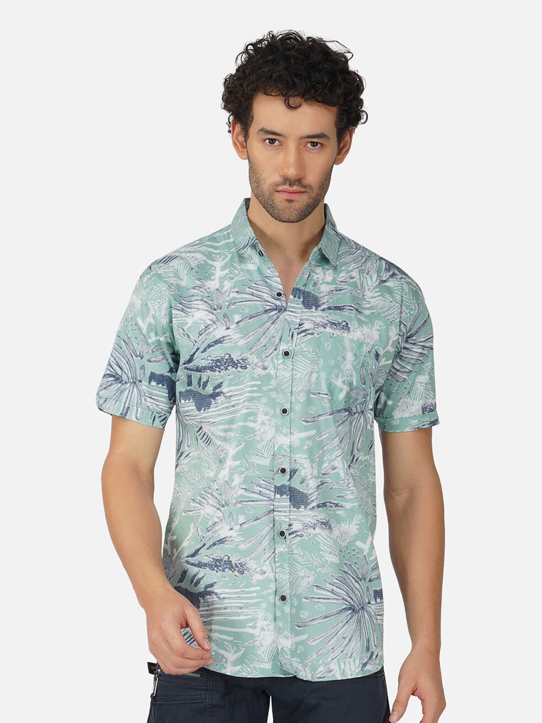 

BASE 41 Slim Fit Abstract Printed Spread Collar Cotton Casual Shirt, Green
