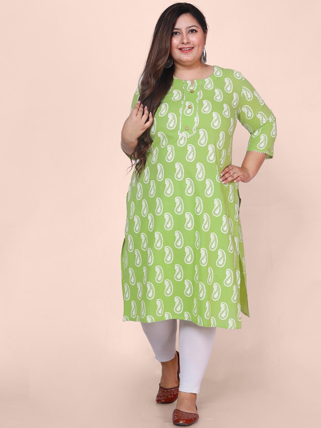 

Jevi Prints Plus Size Paisley Printed Gotta Patti Pure Cotton Kurta, Green