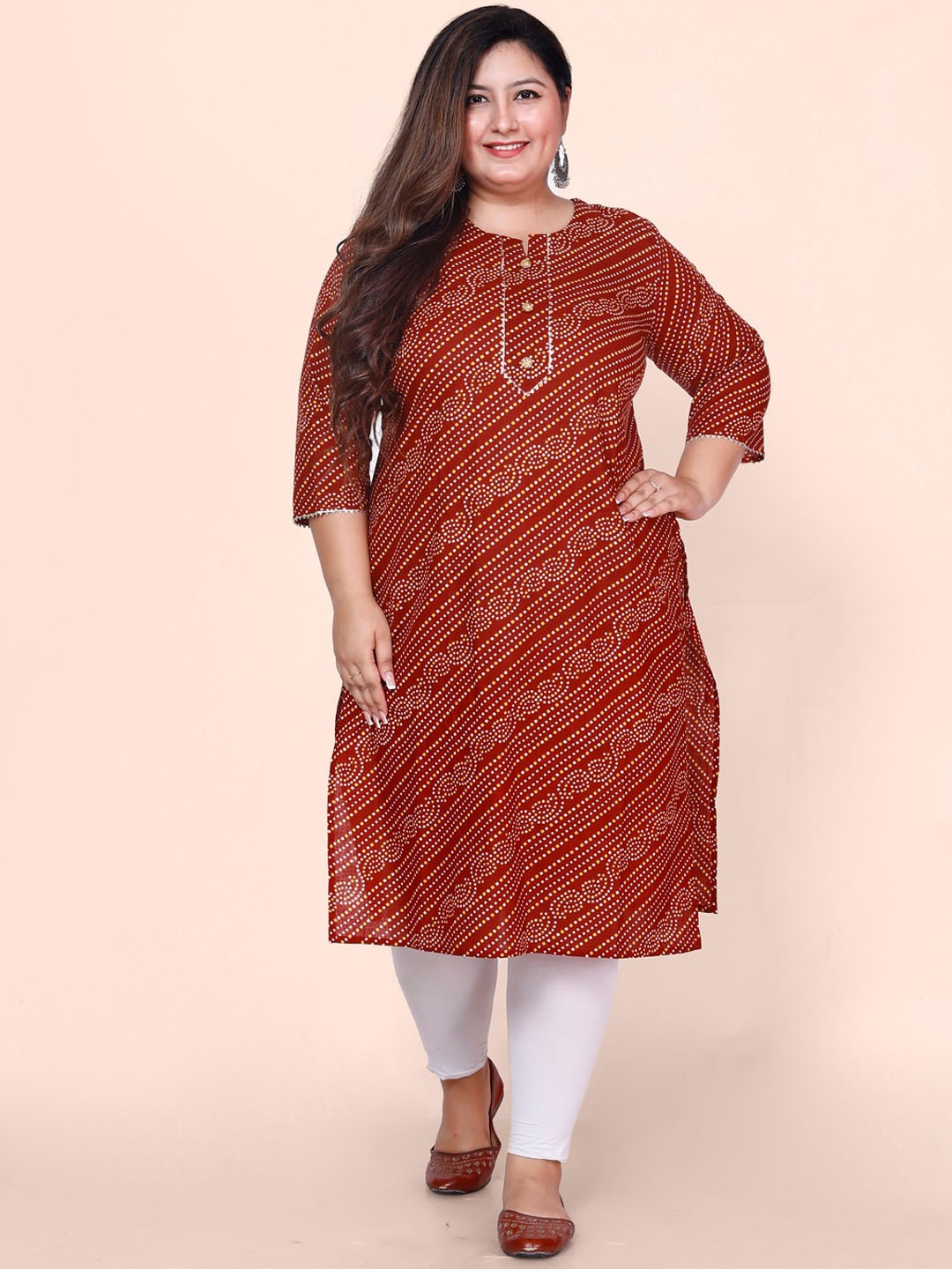 

Jevi Prints Plus Size Bandhani Printed Gotta Patti Block Print Cotton Kurta, Red