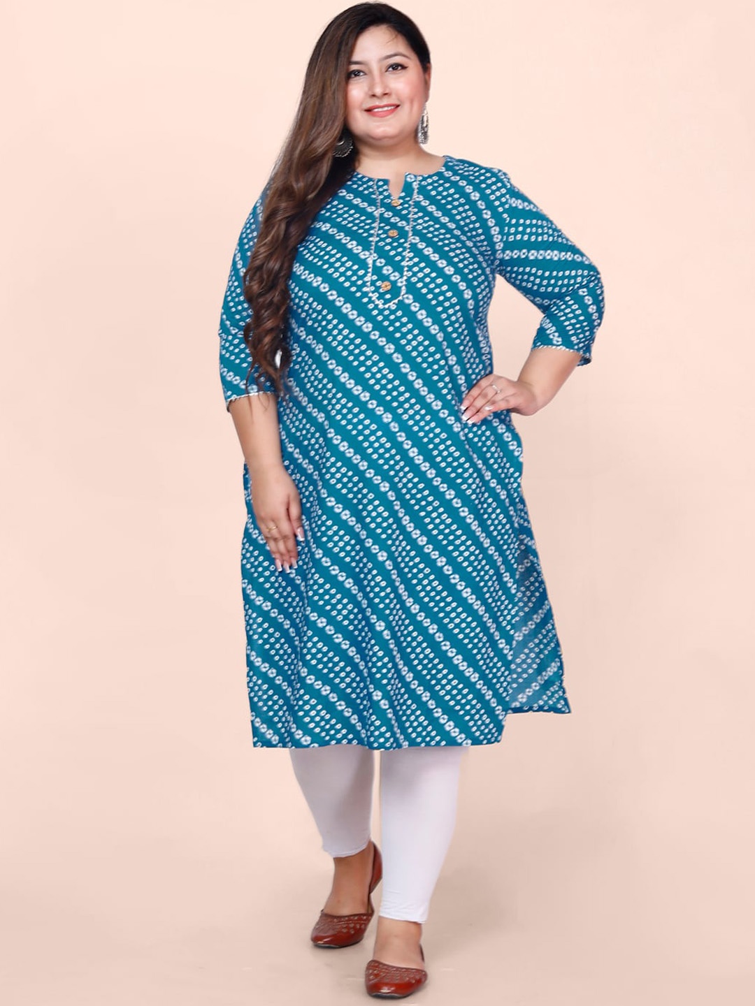 

Jevi Prints Plus Size Bandhani Printed Gotta Patti Block Print Cotton Kurta, Green