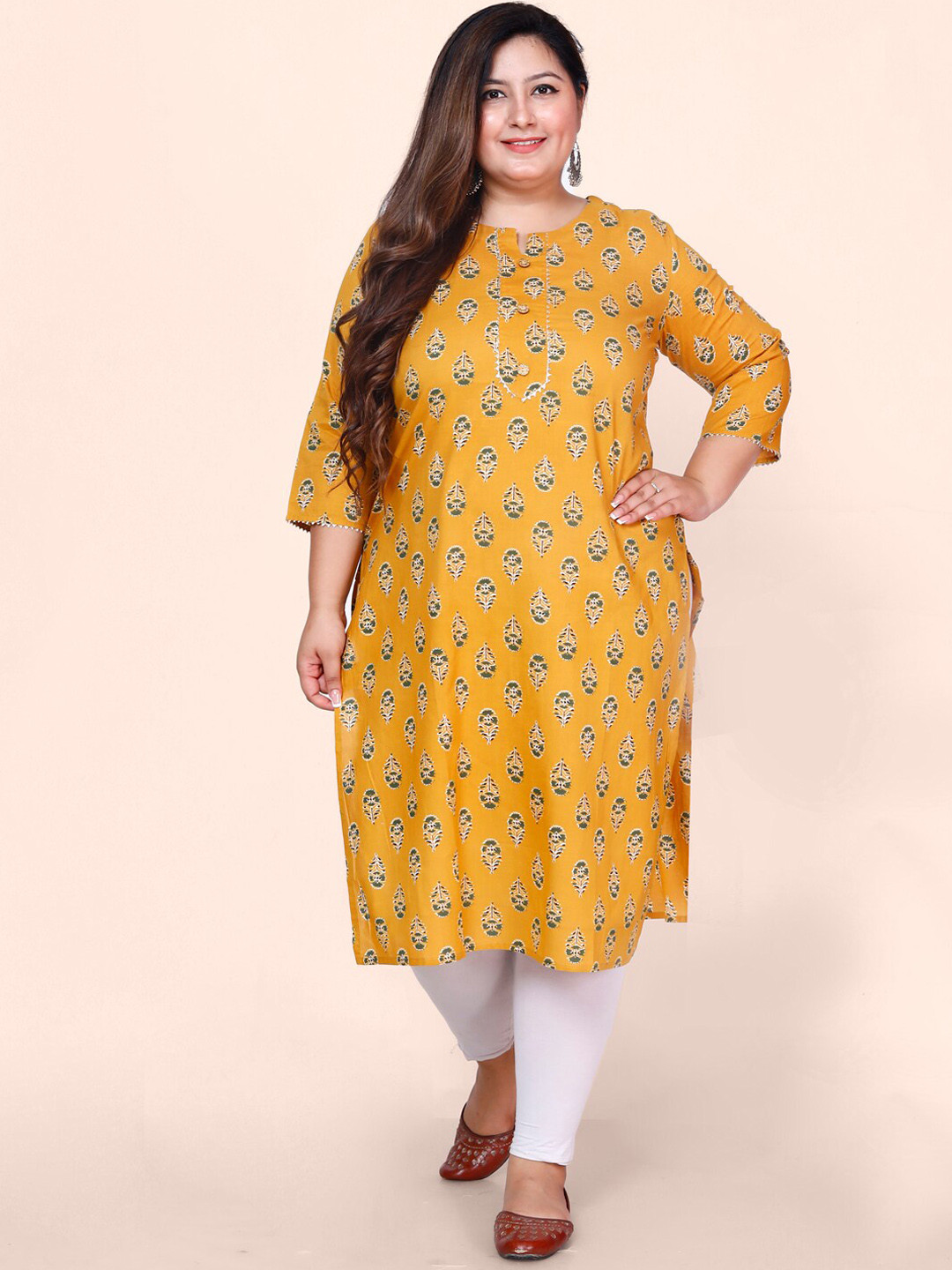 

Jevi Prints Plus Size Floral Printed Gotta Patti Block Print Cotton Kurta, Gold
