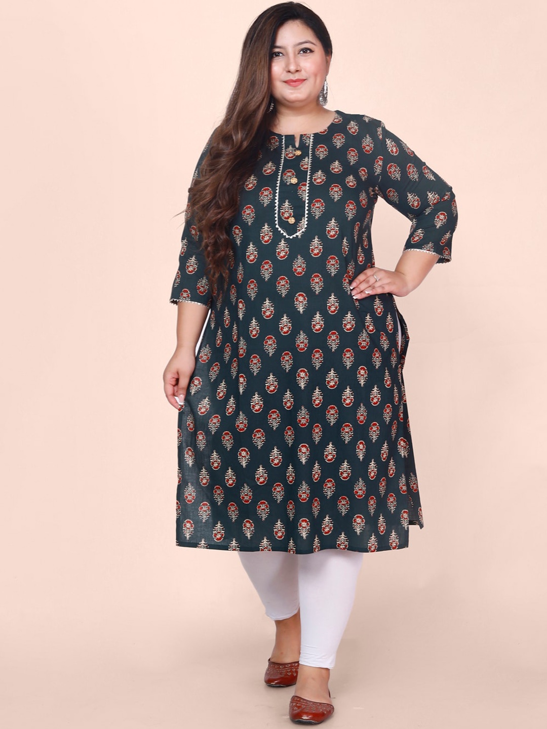 

Jevi Prints Plus Size Floral Printed Gotta Patti Block Print Cotton Kurta, Green